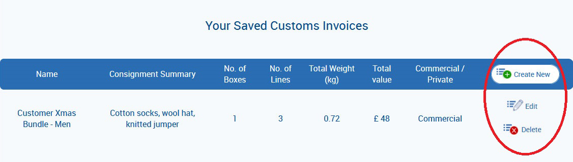 Your list of saved customs invoices